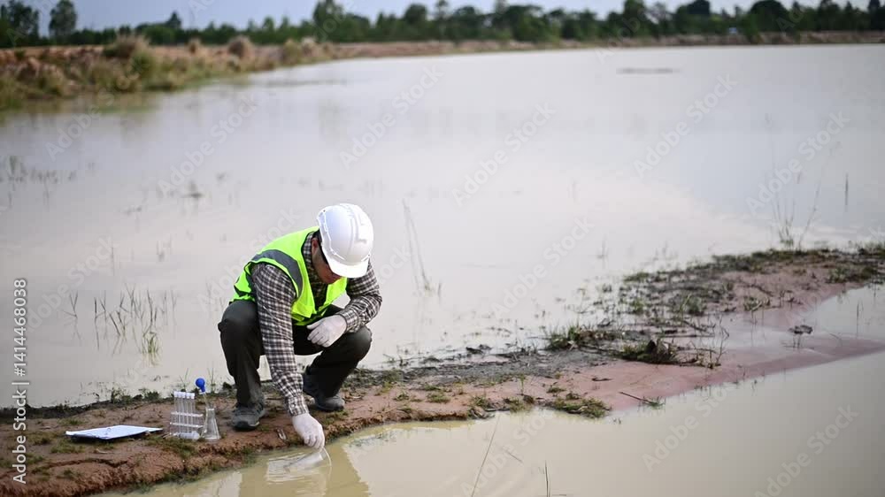 A biologist is collecting water samples from a pond for research in a science lab. A biologist is collecting water samples from a pond for research in a science lab.