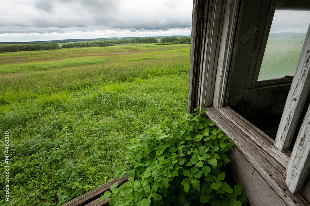Fototapeta premium Tree breaks through walls of abandoned house, reclaiming space in nature's chaos
