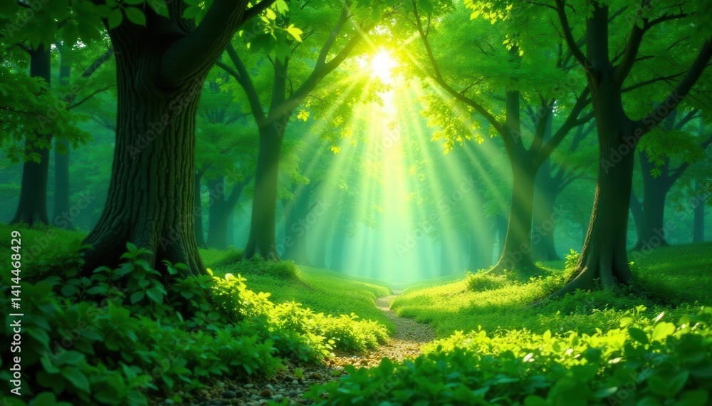 Fototapeta premium Emerald canopy filtering sun, creating mosaic on ground, sunbeams, natural, background