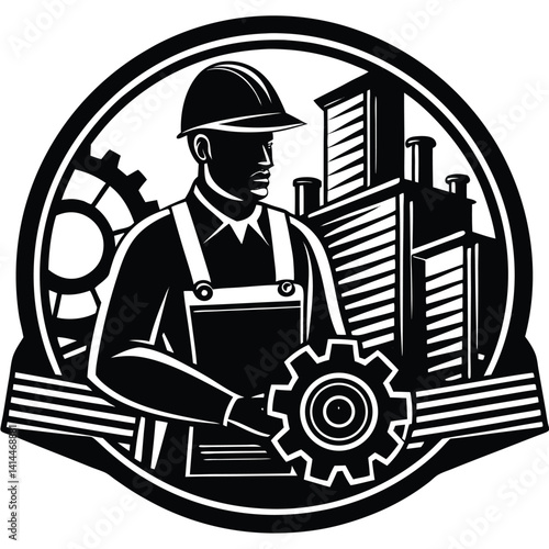 Construction Worker Logo: Black and White Vector Illustration of a Builder with Gear, Factory, and Hard Hat for Industry Branding