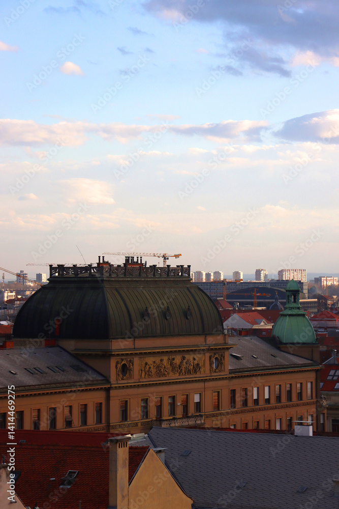 Various historic and contemporary buildings in downtown Zagreb, Croatia.