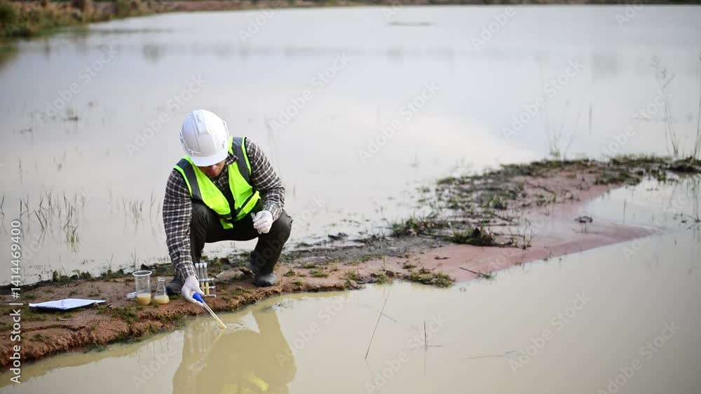 A biologist is collecting water samples from a pond for research in a science lab. A biologist is collecting water samples from a pond for research in a science lab.