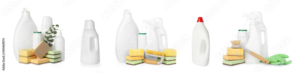 Different cleaning products on white background, set Different cleaning products on white background, set