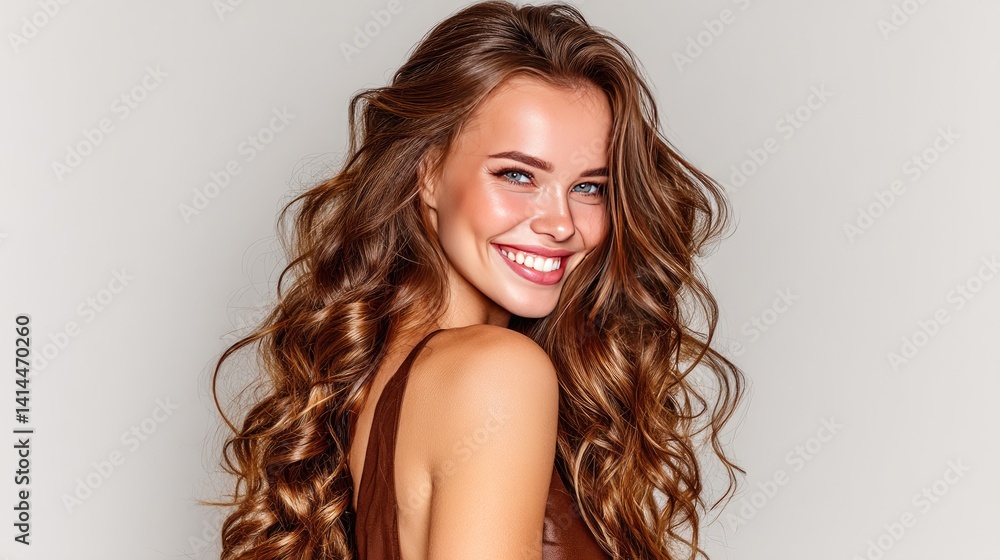 Naklejka premium A stunning woman showcases her style in a brown dress, smiling directly at the camera with expertly styled hair and flattering makeup