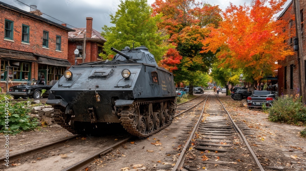 Obraz premium Black armored train seen passing through an industrial area, alongside parked cargo cars transporting vehicles and trucks