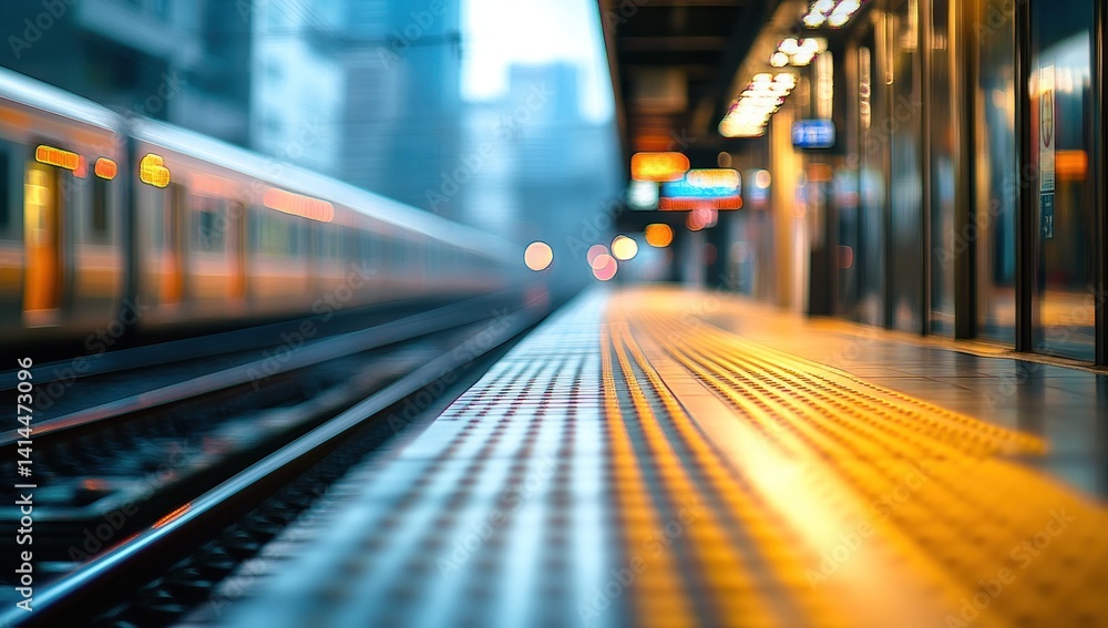 Urban Train Station Platform: A Blur of Motion and City Lights Urban Train Station Platform: A Blur of Motion and City Lights