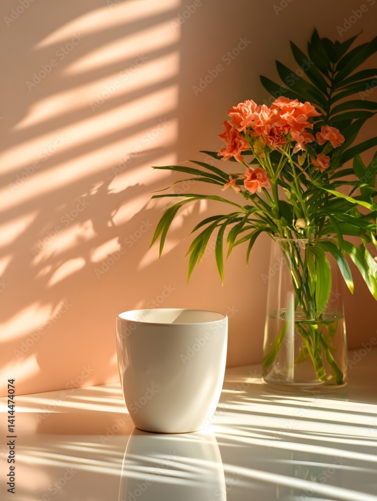 Simple ceramic cup and flowers under soft light Simple ceramic cup and flowers under soft light