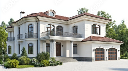 Elegant White Mansion with Red Tile Roof and Lush Greenery Captivating Architectural Design of a Luxurious Residence in a Serene Setting