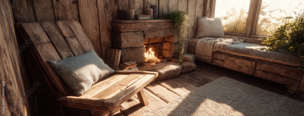 Rustic cabin features warm lighting, a cozy fireplace, and comfortable seating, creating the perfect space for winter relaxation Rustic cabin features warm lighting, a cozy fireplace, and comfortable seating, creating the perfect space for winter relaxation