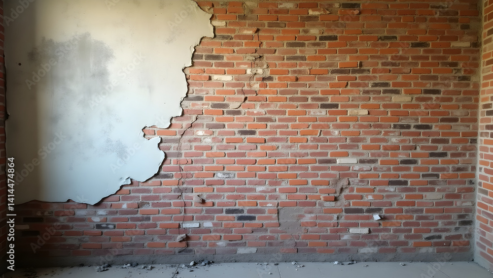 High-resolution photograph of an aged interior brick wall with partially deteriorated plaster
