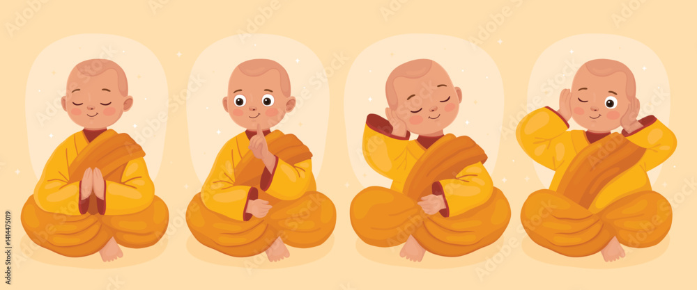 Four cute little cartoon monks in meditation poses. Buddhist monks in yellow clothes. Vesak day. Monk in a pose of prayer, teacher monk, monk covers his ears with his hands, thoughtful monk. Four cute little cartoon monks in meditation poses. Buddhist monks in yellow clothes. Vesak day. Monk in a pose of prayer, teacher monk, monk covers his ears with his hands, thoughtful monk.