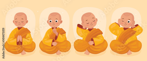 Four cute little cartoon monks in meditation poses. Buddhist monks in yellow clothes. Vesak day. Monk in a pose of prayer, teacher monk, monk covers his ears with his hands, thoughtful monk.