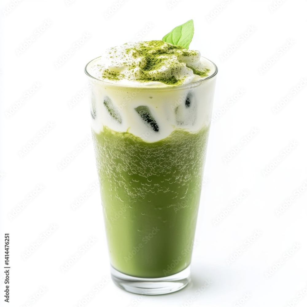 Refreshing matcha latte with whipped cream and green tea powder in a tall glass on white background Refreshing matcha latte with whipped cream and green tea powder in a tall glass on white background