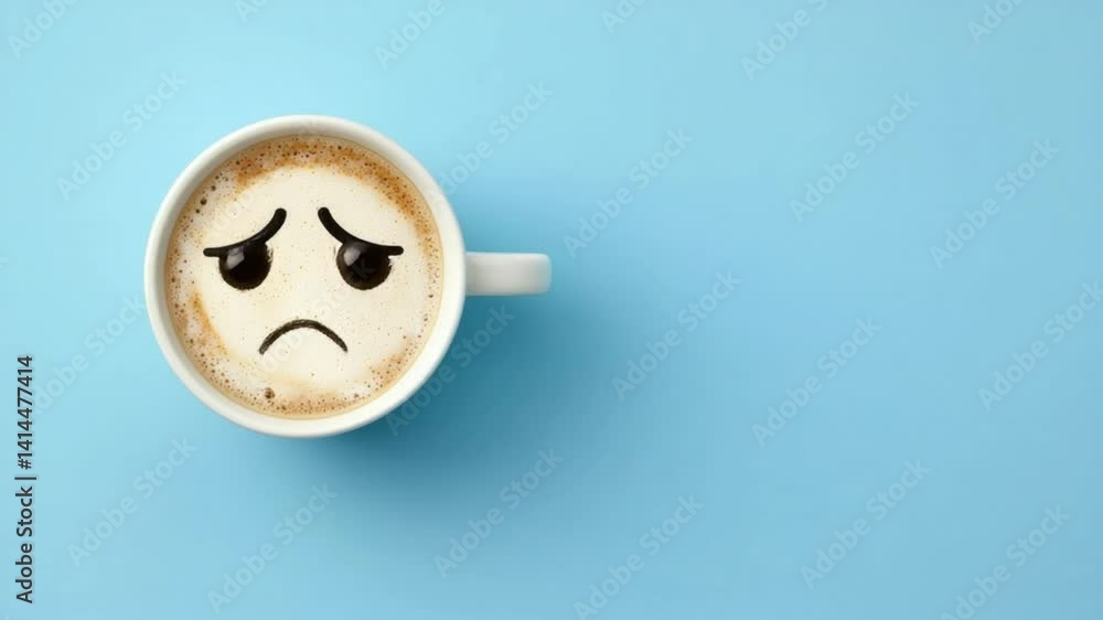Coffee Cup with a Sad Face Design on a Blue Background, Expressing Emotion and Mood, Perfect for Themes of Disappointment and Sadness Coffee Cup with a Sad Face Design on a Blue Background, Expressing Emotion and Mood, Perfect for Themes of Disappointment and Sadness