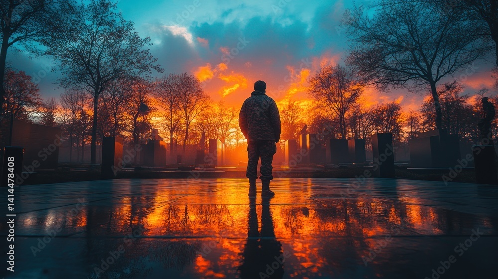 Fototapeta premium Solitary Figure at Sunset, a Remembrance