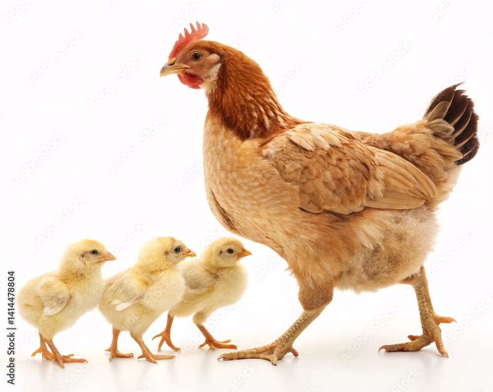 Fototapeta premium Hen Leading Two Chicks Across Natural Terrain Showcasing Motherly Bond in Wildlife