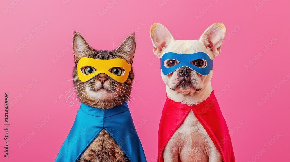 Fototapeta premium Cute cat and dog dressed like superheroes with colorful masks and capes, side by side on pink background
