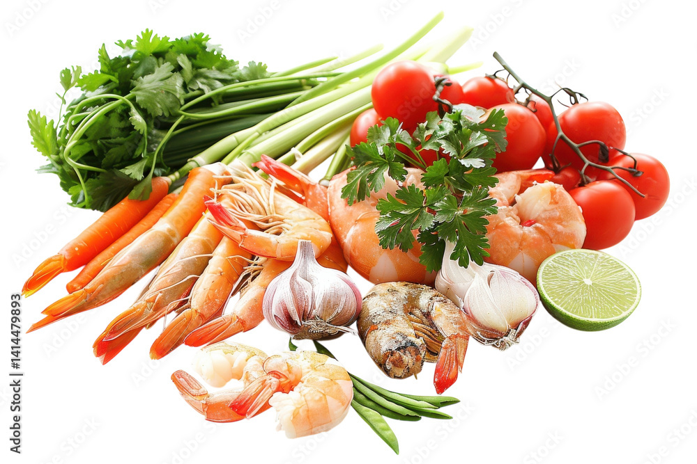Fresh seafood and vibrant vegetables arranged for a delightful culinary creation in a bright kitchen Fresh seafood and vibrant vegetables arranged for a delightful culinary creation in a bright kitchen