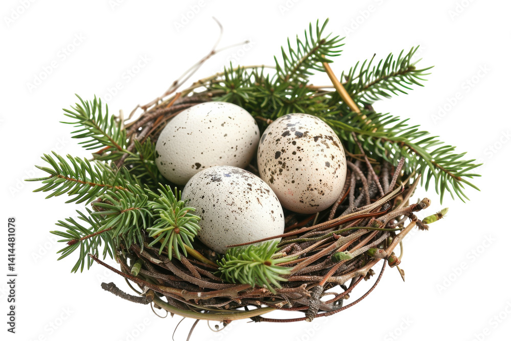 A delicate nest cradling speckled eggs surrounded by fresh green pine branches in natural harmony A delicate nest cradling speckled eggs surrounded by fresh green pine branches in natural harmony