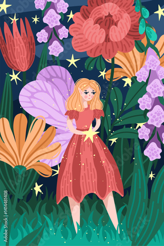 Fairy girl in red dress walking in magical night garden. Whimsical vector scene with stars and fantasy flowers. Enchanted forest illustration with glowing sky for fairy tale prints and