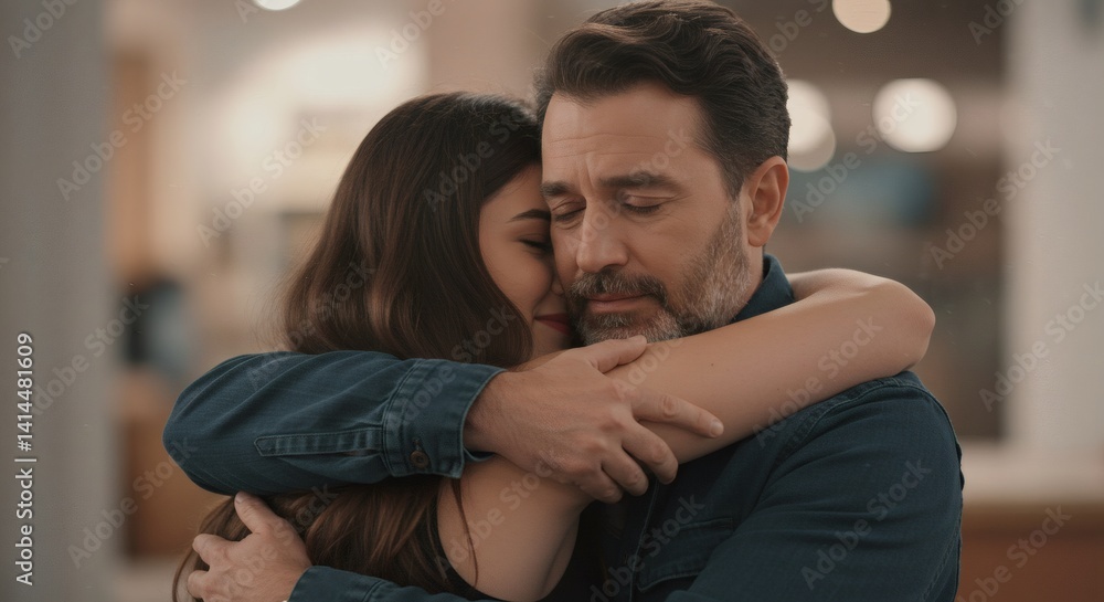 A man and woman embracing in a close hug with the man looking down with a concerned expression on his face A man and woman embracing in a close hug with the man looking down with a concerned expression on his face