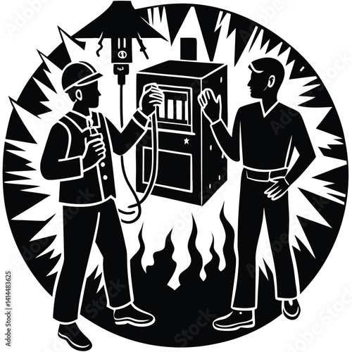 Electrical Hazard Illustration: Workers Facing Danger from Faulty Wiring & Electrical Box in Black and White Graphic Style