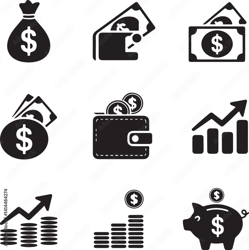 Fototapeta premium Finance icons. Business Icons, money signs. Money silhouette collection. Wallet with cards icon. Coins silhouette icon. 
