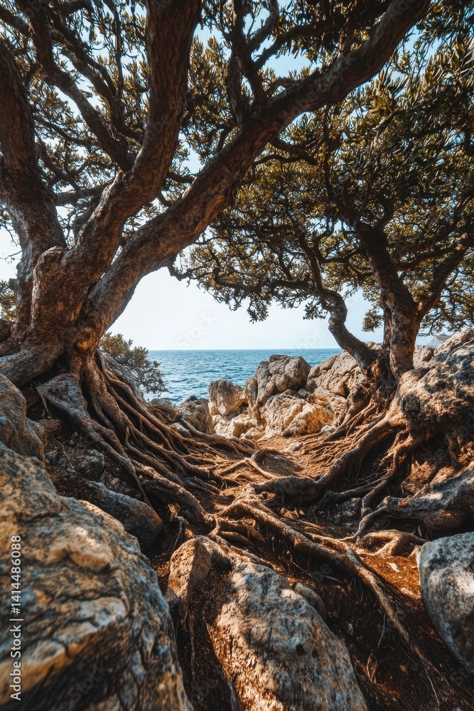 Serene seascape view framed by gnarled trees and exposed roots on rocky coastline under bright sky Serene seascape view framed by gnarled trees and exposed roots on rocky coastline under bright sky