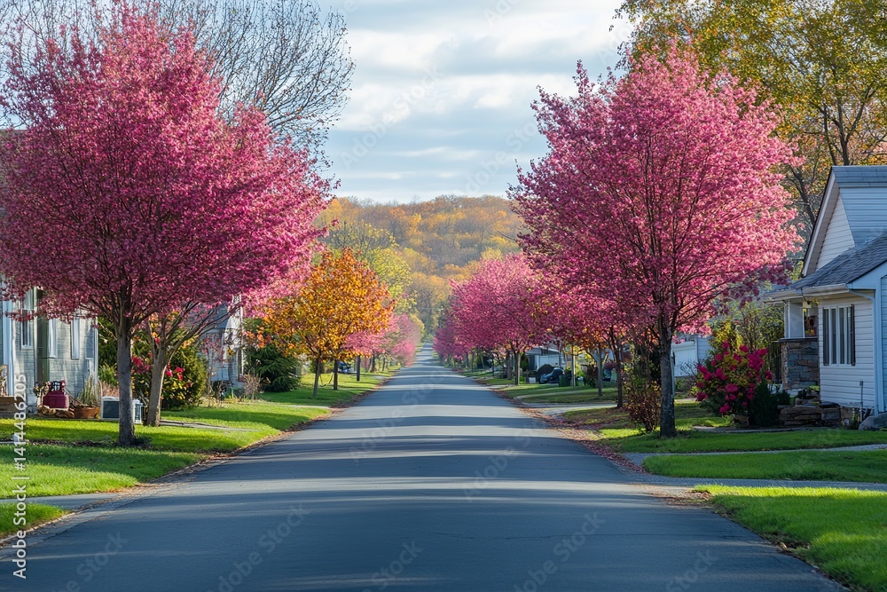 Beautiful Autumnal Residential Street Scene Pink Trees Vibrant Colors Sunny Day Suburban Neighborhood Peaceful Autumn Landscape Tranquil Fall Scenery Beautiful Autumnal Residential Street Scene Pink Trees Vibrant Colors Sunny Day Suburban Neighborhood Peaceful Autumn Landscape Tranquil Fall Scenery