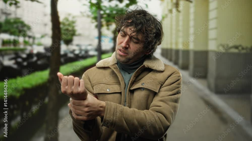Young man holding wrist in pain on a city street during a cloudy day conveying discomfort and concern in an urban outdoor setting. Young man holding wrist in pain on a city street during a cloudy day conveying discomfort and concern in an urban outdoor setting.
