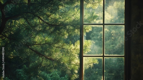 The emerald green pine trees shining in the sunlight outside the window