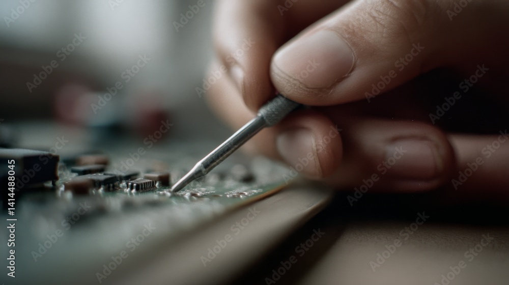 A meticulous hand hovers over a circuit board, holding a precision tool, indicating a moment of delicate technology repair in progress. A meticulous hand hovers over a circuit board, holding a precision tool, indicating a moment of delicate technology repair in progress.