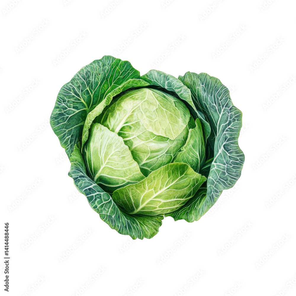 Fototapeta premium Fresh Green Cabbage, Whole Head Isolated on Transparent Background