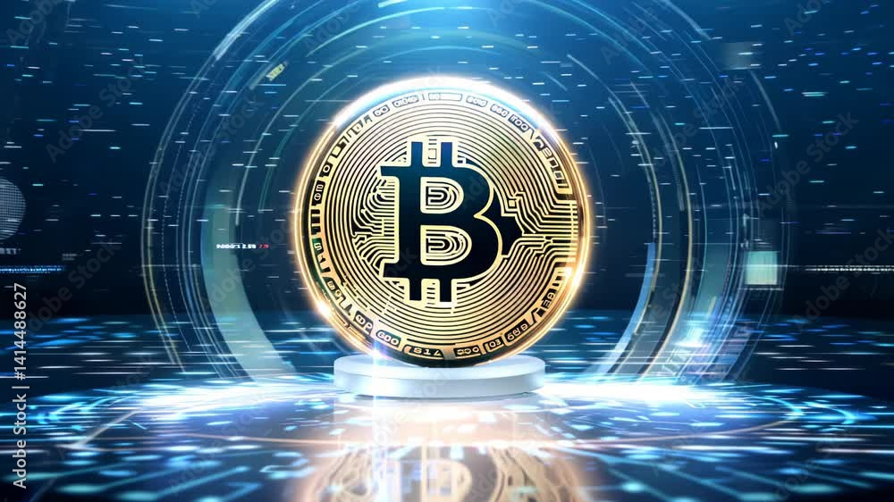 Bitcoin digital currency glowing in futuristic tech background Bitcoin digital currency glowing in futuristic tech background