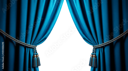 Rich blue theatre curtains open to reveal a bright white space, highlighting elegance and simplicity in a decorative setting. Transparent background.