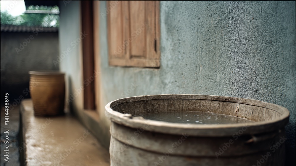 A rusted metal barrel filled with rainwater, positioned next to a textured clay-colored wall, captures a serene moment of simplicity and rural life. A rusted metal barrel filled with rainwater, positioned next to a textured clay-colored wall, captures a serene moment of simplicity and rural life.