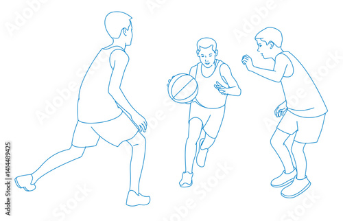 A boy dribbles through two defenders and tries to score