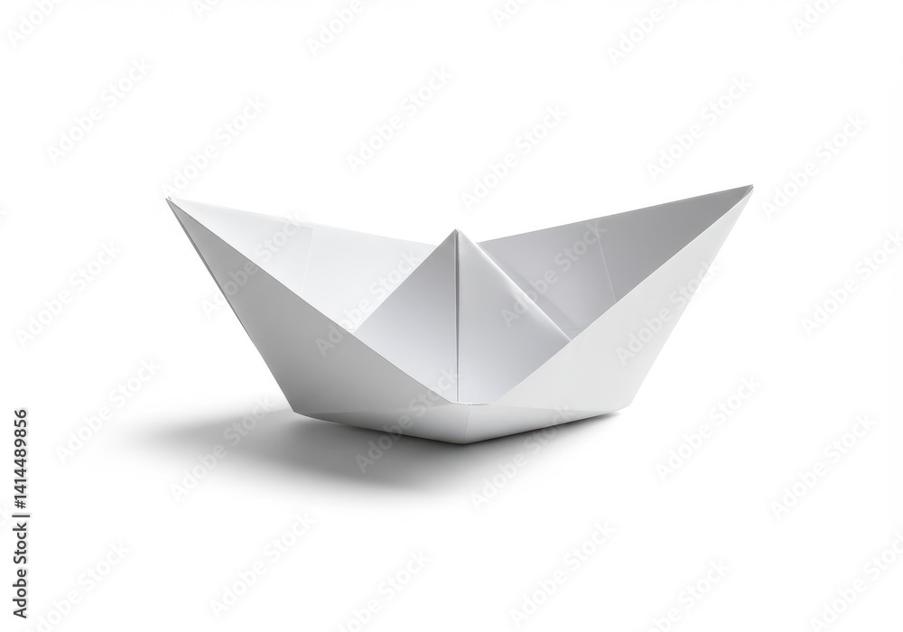 A simple paper boat with pointed ends is placed on a white surface casting a soft shadow beneath it A simple paper boat with pointed ends is placed on a white surface casting a soft shadow beneath it