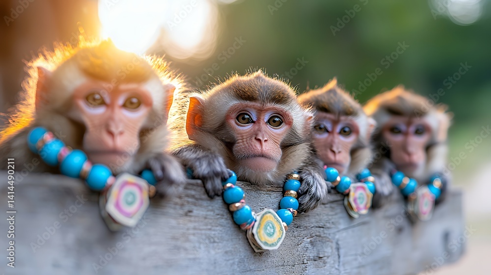 Fototapeta premium Charming monkeys with necklaces portrait of playful primates