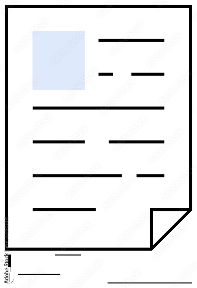 Single paper sheet with text blocks, boxed section, and folded corner. Minimal design. Ideal for paperwork, contracts, information, education reading communication organization. Flat simple Single paper sheet with text blocks, boxed section, and folded corner. Minimal design. Ideal for paperwork, contracts, information, education reading communication organization. Flat simple
