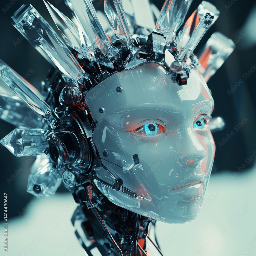 Close-up of a robot head with an imitation crown made of shimmering pieces of glass or crystal. Digital cyborg. Artificial intelligence concept. Background in technology style. Illustration for design Close-up of a robot head with an imitation crown made of shimmering pieces of glass or crystal. Digital cyborg. Artificial intelligence concept. Background in technology style. Illustration for design