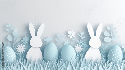 Paper-cut Easter composition with grass flowers bunny silhouettes and pastel eggs made with Generative AI technology

