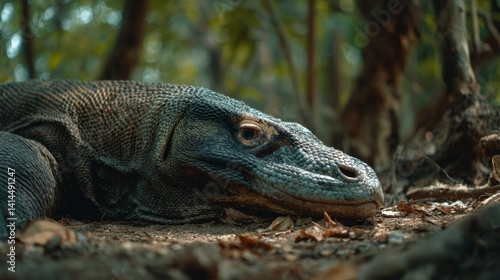 A tranquil Komodo dragon lies resting on the forest floor, conveying a sense of primal wilderness.