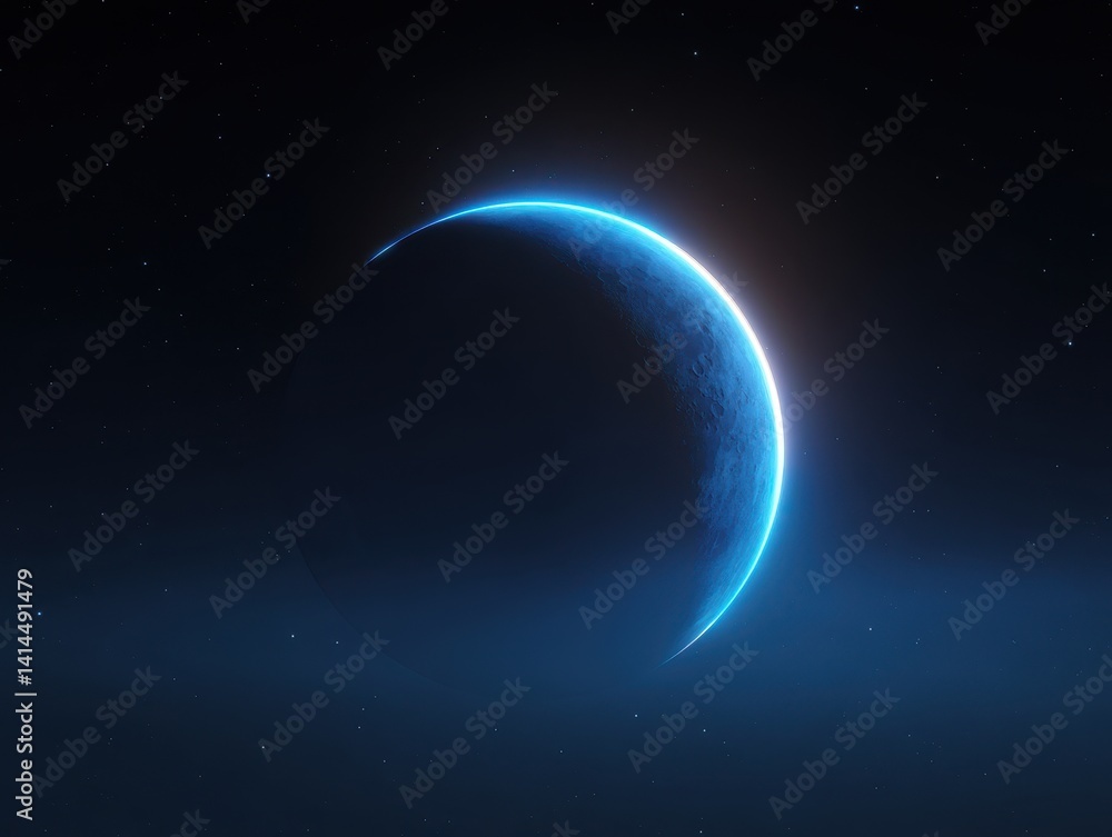 Obraz premium Azure planet with a bright glow, floating in dark space with scattered stars, evoking cosmic mystery and celestial beauty.