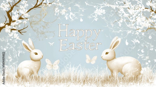Happy Easter text in a modern stylish font with illustrated bunny silhouette accent made with Generative AI technology