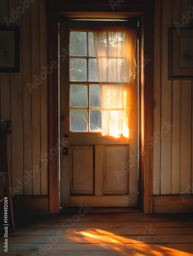 Sunlight shone through the window onto the old wooden door