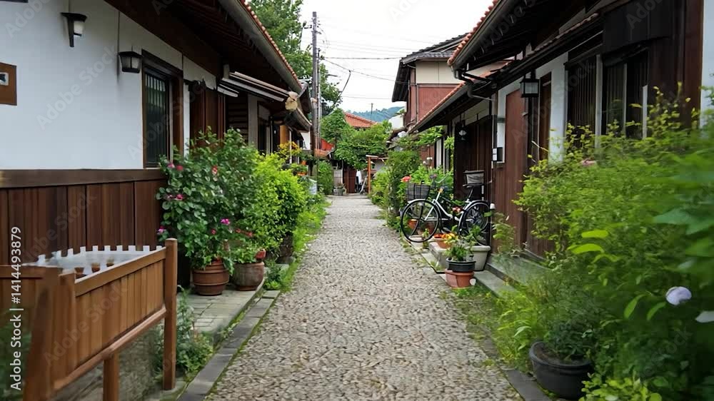 Charming cobblestone pathway lined with traditional houses and vibrant greenery in a serene village Charming cobblestone pathway lined with traditional houses and vibrant greenery in a serene village