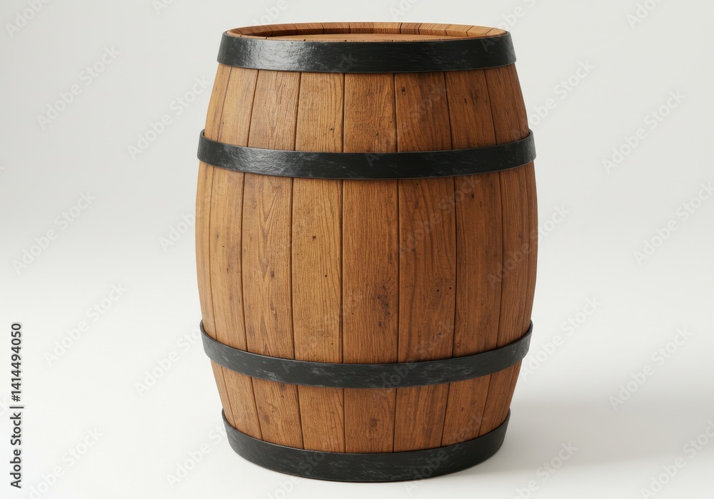 Fototapeta premium A wooden barrel with black metal hoops sitting on a white surface in a studio setting perfectly centered