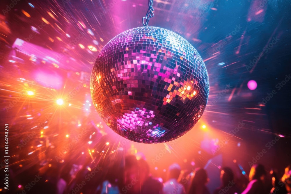 Disco ball reflecting vibrant lights at a party, creating a dazzling atmosphere. Disco ball reflecting vibrant lights at a party, creating a dazzling atmosphere.