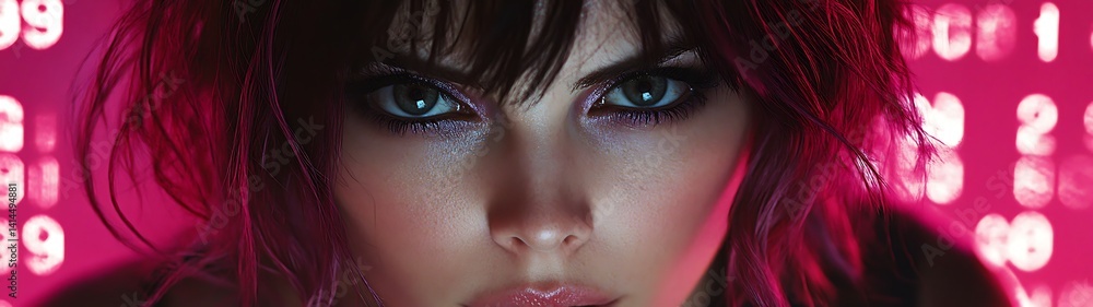 Fototapeta premium Woman's Intense Gaze in Cyberpunk Setting